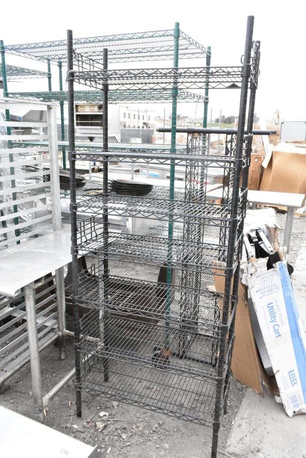 Black Finish 7 Tier Wire Shelving Unit. BUYER MUST DISMANTLE. PCI CANNOT DISMANTLE FOR SHIPPING. PLEASE CONSIDER FREIGHT CHARGES. - Image 1 of 5