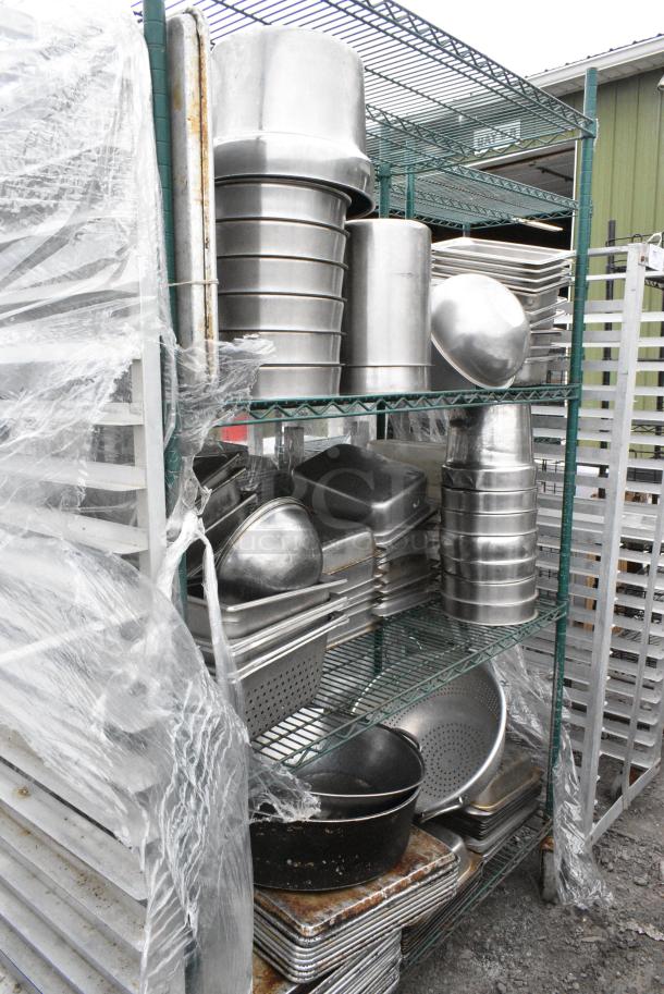 Green Finish 4 Tier Wire Shelving Unit on Commercial Casters w/ Contents Including Stainless Steel Drop In Bins and Metal Baking Pans. BUYER MUST DISMANTLE. PCI CANNOT DISMANTLE FOR SHIPPING. PLEASE CONSIDER FREIGHT CHARGES. - Image 2 of 11