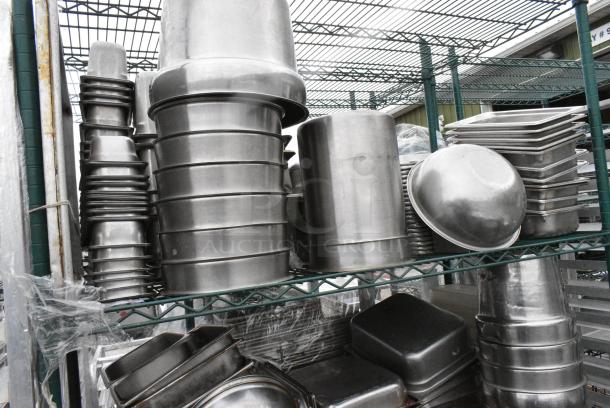 Green Finish 4 Tier Wire Shelving Unit on Commercial Casters w/ Contents Including Stainless Steel Drop In Bins and Metal Baking Pans. BUYER MUST DISMANTLE. PCI CANNOT DISMANTLE FOR SHIPPING. PLEASE CONSIDER FREIGHT CHARGES. - Image 3 of 11