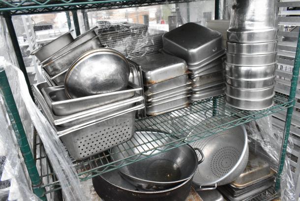Green Finish 4 Tier Wire Shelving Unit on Commercial Casters w/ Contents Including Stainless Steel Drop In Bins and Metal Baking Pans. BUYER MUST DISMANTLE. PCI CANNOT DISMANTLE FOR SHIPPING. PLEASE CONSIDER FREIGHT CHARGES. - Image 4 of 11