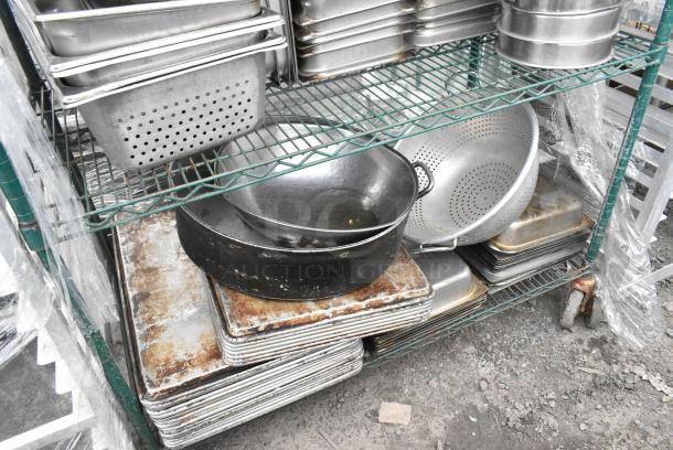Green Finish 4 Tier Wire Shelving Unit on Commercial Casters w/ Contents Including Stainless Steel Drop In Bins and Metal Baking Pans. BUYER MUST DISMANTLE. PCI CANNOT DISMANTLE FOR SHIPPING. PLEASE CONSIDER FREIGHT CHARGES. - Image 5 of 11