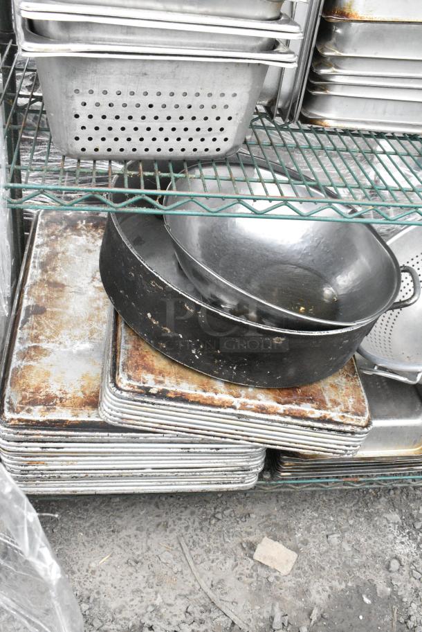 Green Finish 4 Tier Wire Shelving Unit on Commercial Casters w/ Contents Including Stainless Steel Drop In Bins and Metal Baking Pans. BUYER MUST DISMANTLE. PCI CANNOT DISMANTLE FOR SHIPPING. PLEASE CONSIDER FREIGHT CHARGES. - Image 6 of 11