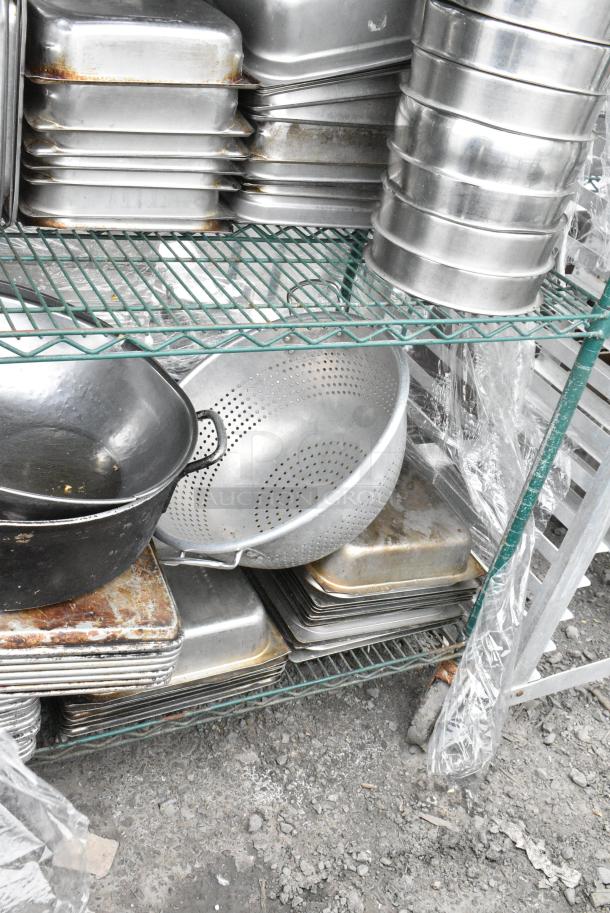 Green Finish 4 Tier Wire Shelving Unit on Commercial Casters w/ Contents Including Stainless Steel Drop In Bins and Metal Baking Pans. BUYER MUST DISMANTLE. PCI CANNOT DISMANTLE FOR SHIPPING. PLEASE CONSIDER FREIGHT CHARGES. - Image 7 of 11