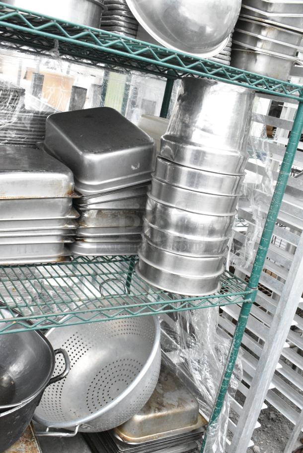 Green Finish 4 Tier Wire Shelving Unit on Commercial Casters w/ Contents Including Stainless Steel Drop In Bins and Metal Baking Pans. BUYER MUST DISMANTLE. PCI CANNOT DISMANTLE FOR SHIPPING. PLEASE CONSIDER FREIGHT CHARGES. - Image 8 of 11
