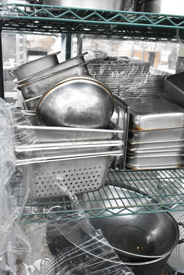 Green Finish 4 Tier Wire Shelving Unit on Commercial Casters w/ Contents Including Stainless Steel Drop In Bins and Metal Baking Pans. BUYER MUST DISMANTLE. PCI CANNOT DISMANTLE FOR SHIPPING. PLEASE CONSIDER FREIGHT CHARGES. - Image 9 of 11