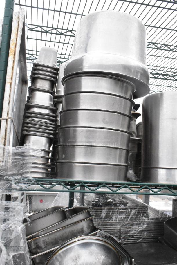 Green Finish 4 Tier Wire Shelving Unit on Commercial Casters w/ Contents Including Stainless Steel Drop In Bins and Metal Baking Pans. BUYER MUST DISMANTLE. PCI CANNOT DISMANTLE FOR SHIPPING. PLEASE CONSIDER FREIGHT CHARGES. - Image 10 of 11