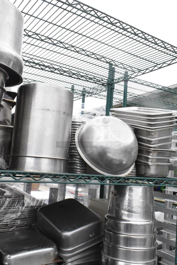 Green Finish 4 Tier Wire Shelving Unit on Commercial Casters w/ Contents Including Stainless Steel Drop In Bins and Metal Baking Pans. BUYER MUST DISMANTLE. PCI CANNOT DISMANTLE FOR SHIPPING. PLEASE CONSIDER FREIGHT CHARGES. - Image 11 of 11