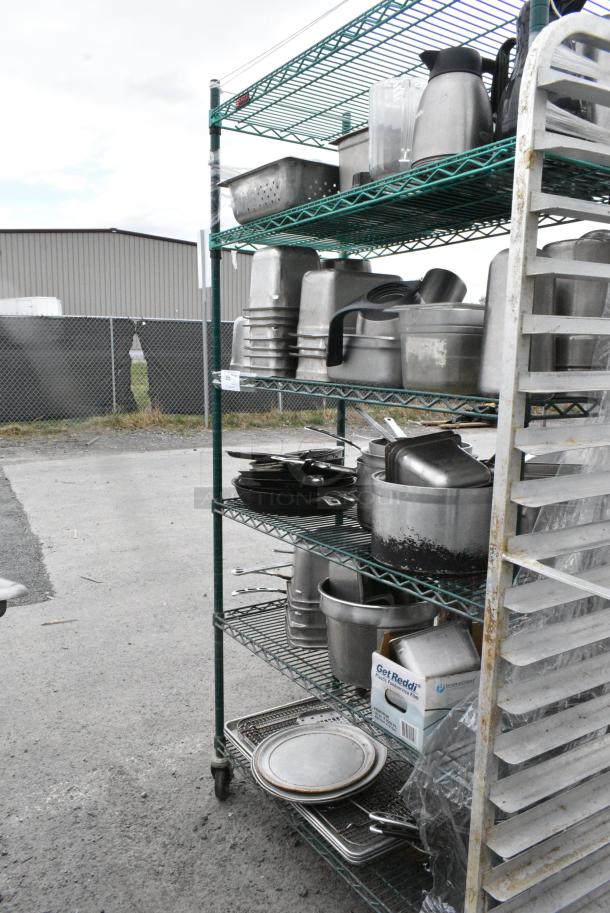 Green Finish 6 Tier Wire Shelving Unit on Commercial Casters w/ Contents Including Stainless Steel Drop In Bins, Skillets, Sauce Pans and Metal Baking Pans. BUYER MUST DISMANTLE. PCI CANNOT DISMANTLE FOR SHIPPING. PLEASE CONSIDER FREIGHT CHARGES. - Image 2 of 17