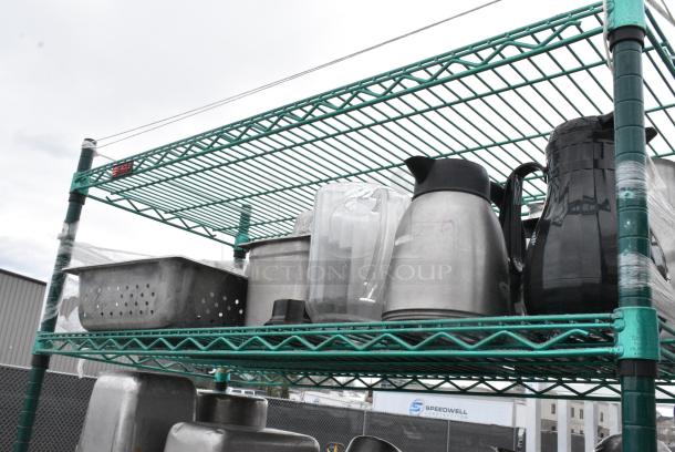 Green Finish 6 Tier Wire Shelving Unit on Commercial Casters w/ Contents Including Stainless Steel Drop In Bins, Skillets, Sauce Pans and Metal Baking Pans. BUYER MUST DISMANTLE. PCI CANNOT DISMANTLE FOR SHIPPING. PLEASE CONSIDER FREIGHT CHARGES. - Image 3 of 17