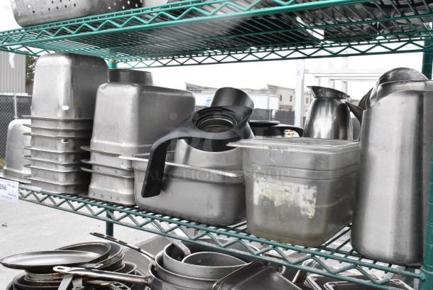 Green Finish 6 Tier Wire Shelving Unit on Commercial Casters w/ Contents Including Stainless Steel Drop In Bins, Skillets, Sauce Pans and Metal Baking Pans. BUYER MUST DISMANTLE. PCI CANNOT DISMANTLE FOR SHIPPING. PLEASE CONSIDER FREIGHT CHARGES. - Image 4 of 17
