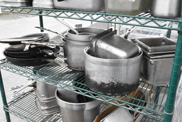 Green Finish 6 Tier Wire Shelving Unit on Commercial Casters w/ Contents Including Stainless Steel Drop In Bins, Skillets, Sauce Pans and Metal Baking Pans. BUYER MUST DISMANTLE. PCI CANNOT DISMANTLE FOR SHIPPING. PLEASE CONSIDER FREIGHT CHARGES. - Image 5 of 17