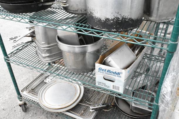 Green Finish 6 Tier Wire Shelving Unit on Commercial Casters w/ Contents Including Stainless Steel Drop In Bins, Skillets, Sauce Pans and Metal Baking Pans. BUYER MUST DISMANTLE. PCI CANNOT DISMANTLE FOR SHIPPING. PLEASE CONSIDER FREIGHT CHARGES. - Image 6 of 17