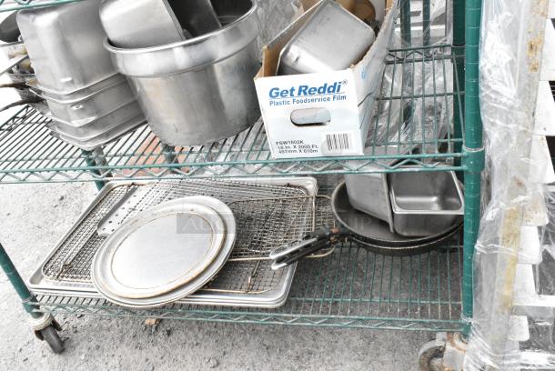 Green Finish 6 Tier Wire Shelving Unit on Commercial Casters w/ Contents Including Stainless Steel Drop In Bins, Skillets, Sauce Pans and Metal Baking Pans. BUYER MUST DISMANTLE. PCI CANNOT DISMANTLE FOR SHIPPING. PLEASE CONSIDER FREIGHT CHARGES. - Image 7 of 17