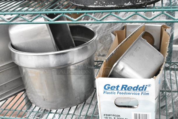 Green Finish 6 Tier Wire Shelving Unit on Commercial Casters w/ Contents Including Stainless Steel Drop In Bins, Skillets, Sauce Pans and Metal Baking Pans. BUYER MUST DISMANTLE. PCI CANNOT DISMANTLE FOR SHIPPING. PLEASE CONSIDER FREIGHT CHARGES. - Image 10 of 17