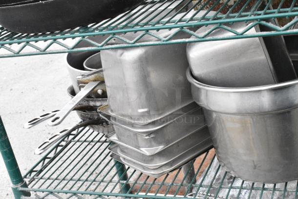 Green Finish 6 Tier Wire Shelving Unit on Commercial Casters w/ Contents Including Stainless Steel Drop In Bins, Skillets, Sauce Pans and Metal Baking Pans. BUYER MUST DISMANTLE. PCI CANNOT DISMANTLE FOR SHIPPING. PLEASE CONSIDER FREIGHT CHARGES. - Image 11 of 17