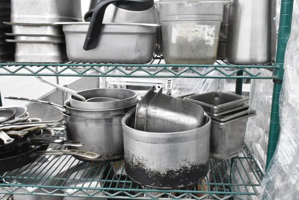 Green Finish 6 Tier Wire Shelving Unit on Commercial Casters w/ Contents Including Stainless Steel Drop In Bins, Skillets, Sauce Pans and Metal Baking Pans. BUYER MUST DISMANTLE. PCI CANNOT DISMANTLE FOR SHIPPING. PLEASE CONSIDER FREIGHT CHARGES. - Image 13 of 17