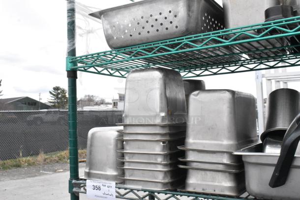 Green Finish 6 Tier Wire Shelving Unit on Commercial Casters w/ Contents Including Stainless Steel Drop In Bins, Skillets, Sauce Pans and Metal Baking Pans. BUYER MUST DISMANTLE. PCI CANNOT DISMANTLE FOR SHIPPING. PLEASE CONSIDER FREIGHT CHARGES. - Image 15 of 17
