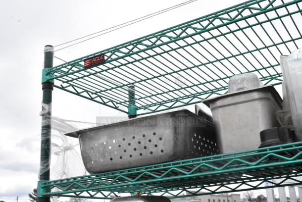 Green Finish 6 Tier Wire Shelving Unit on Commercial Casters w/ Contents Including Stainless Steel Drop In Bins, Skillets, Sauce Pans and Metal Baking Pans. BUYER MUST DISMANTLE. PCI CANNOT DISMANTLE FOR SHIPPING. PLEASE CONSIDER FREIGHT CHARGES. - Image 16 of 17