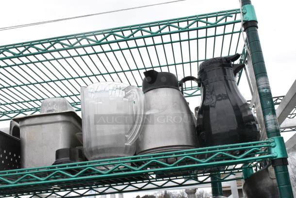 Green Finish 6 Tier Wire Shelving Unit on Commercial Casters w/ Contents Including Stainless Steel Drop In Bins, Skillets, Sauce Pans and Metal Baking Pans. BUYER MUST DISMANTLE. PCI CANNOT DISMANTLE FOR SHIPPING. PLEASE CONSIDER FREIGHT CHARGES. - Image 17 of 17