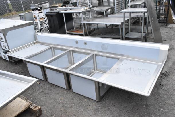BRAND NEW SCRATCH AND DENT! Regency 600S32028224 115" 16-Gauge Stainless Steel Three Compartment Commercial Sink with 2 Drainboards - 20" x 28" x 14" Bowls. No Legs - Image 2 of 8