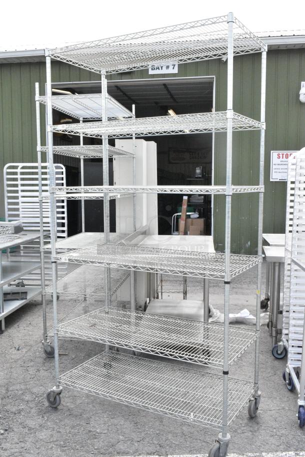 Chrome Finish 6 Tier Wire Shelving Unit on Commercial Casters. BUYER MUST DISMANTLE. PCI CANNOT DISMANTLE FOR SHIPPING. PLEASE CONSIDER FREIGHT CHARGES. - Image 2 of 8