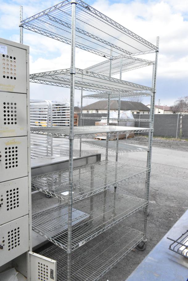 Chrome Finish 6 Tier Wire Shelving Unit on Commercial Casters. BUYER MUST DISMANTLE. PCI CANNOT DISMANTLE FOR SHIPPING. PLEASE CONSIDER FREIGHT CHARGES. - Image 2 of 6