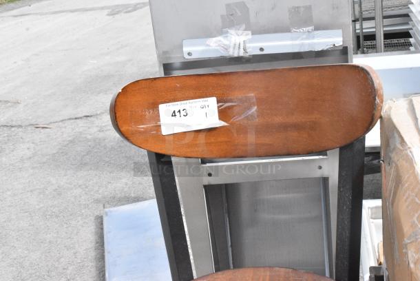 BRAND NEW SCRATCH AND DENT! Black Metal Bar Height Chair w/ Wooden Back Rest and Seat. - Image 3 of 3