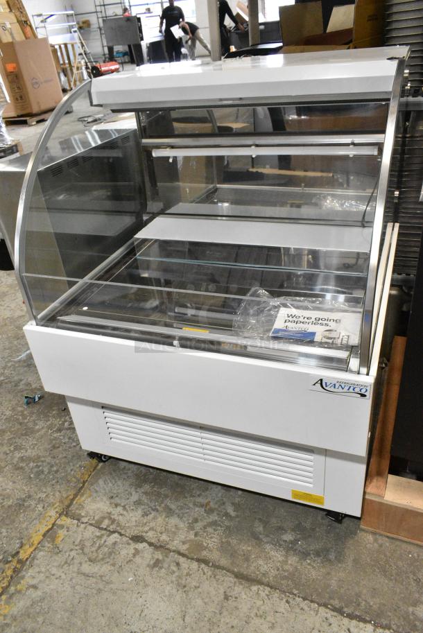 BRAND NEW SCRATCH AND DENT! 2024 Avantco 193HAC36W 36" White Horizontal Air Curtain Merchandiser with 1 Shelf and LED Lighting on Commercial Casters. 115 Volts, 1 Phase. Tested and Working! - Image 1 of 7