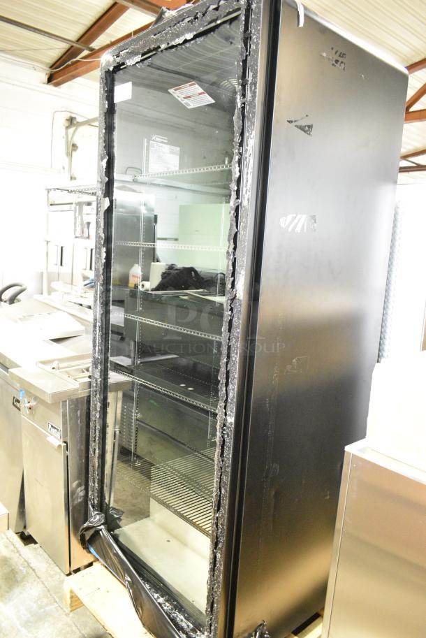 BRAND NEW SCRATCH AND DENT! 2025 True CVM-27-HC Metal Commercial Single Door Reach In Cooler Merchandiser. See Pictures for Broken Glass. 115 Volts, 1 Phase. Tested and Working! - Image 1 of 4