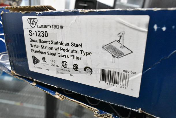 BRAND NEW SCRATCH AND DENT! Eversteel by T&S S-1230 Stainless Steel Water Station and Deck Mount Glass Filler with 8" Pedestal and Dark Blue Push-Back Actuation Arm - Image 3 of 3