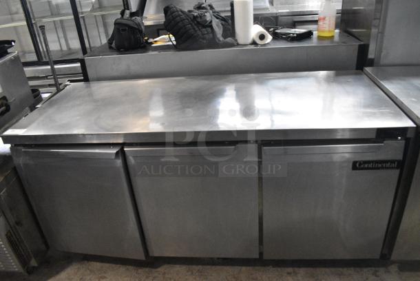 2017 Continental SW72 Stainless Steel Commercial 3 Door Work Top Cooler on Commercial Casters. 115 Volts, 1 Phase. Tested and Working! - Image 1 of 11