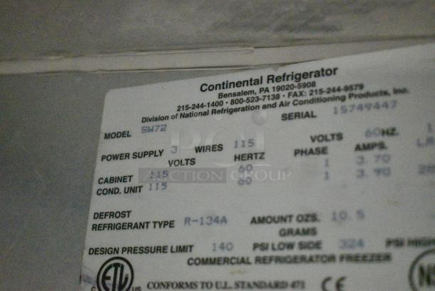 2017 Continental SW72 Stainless Steel Commercial 3 Door Work Top Cooler on Commercial Casters. 115 Volts, 1 Phase. Tested and Working! - Image 10 of 11