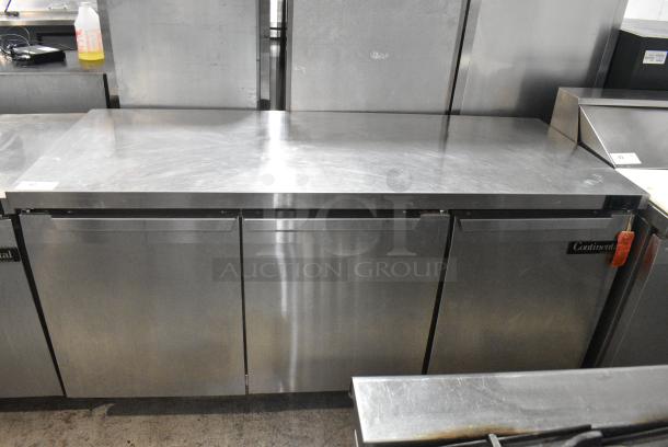 2017 Continental SW72 Stainless Steel Commercial 3 Door Work Top Cooler on Commercial Casters. 115 Volts, 1 Phase. Tested and Working! - Image 1 of 11