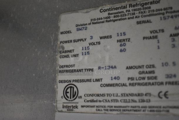 2017 Continental SW72 Stainless Steel Commercial 3 Door Work Top Cooler on Commercial Casters. 115 Volts, 1 Phase. Tested and Working! - Image 9 of 11