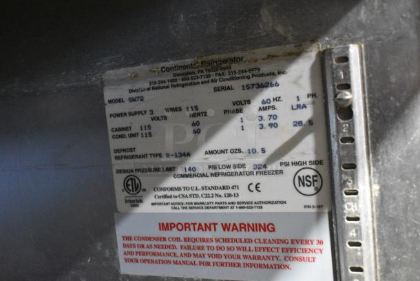 2017 Continental SW72 Stainless Steel Commercial 2 Drawer Chef Base on Commercial Casters. 115 Volts, 1 Phase. Tested and Powers On But Does Not Get Cold - Image 9 of 9