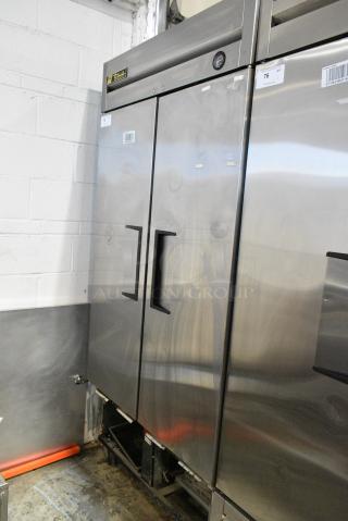 True T-35 Stainless Steel Commercial 2 Door Reach In Cooler w/ Poly Coated Racks on Commercial Casters. 115 Volts, 1 Phase. Tested and Working!