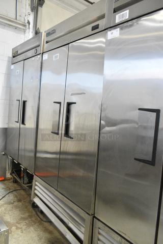 2021 True T-35-HC Stainless Steel Commercial 2 Door Reach In Cooler w/ Poly Coated Racks on Commercial Casters. 115 Volts, 1 Phase. Tested and Working!