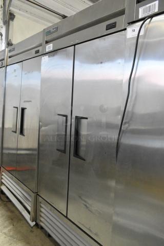 2022 True T-35-HC Stainless Steel Commercial 2 Door Reach In Cooler w/ Poly Coated Racks on Commercial Casters. 115 Volts, 1 Phase. Tested and Working!