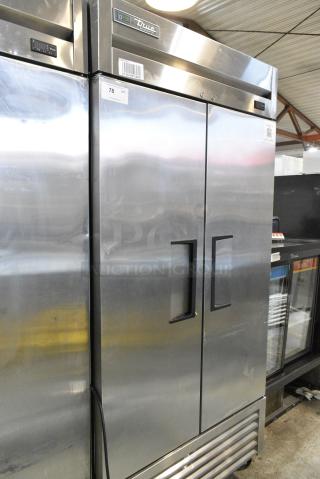 2022 True T-35-HC Stainless Steel Commercial 2 Door Reach In Cooler w/ Poly Coated Racks on Commercial Casters. 115 Volts, 1 Phase. Tested and Working!