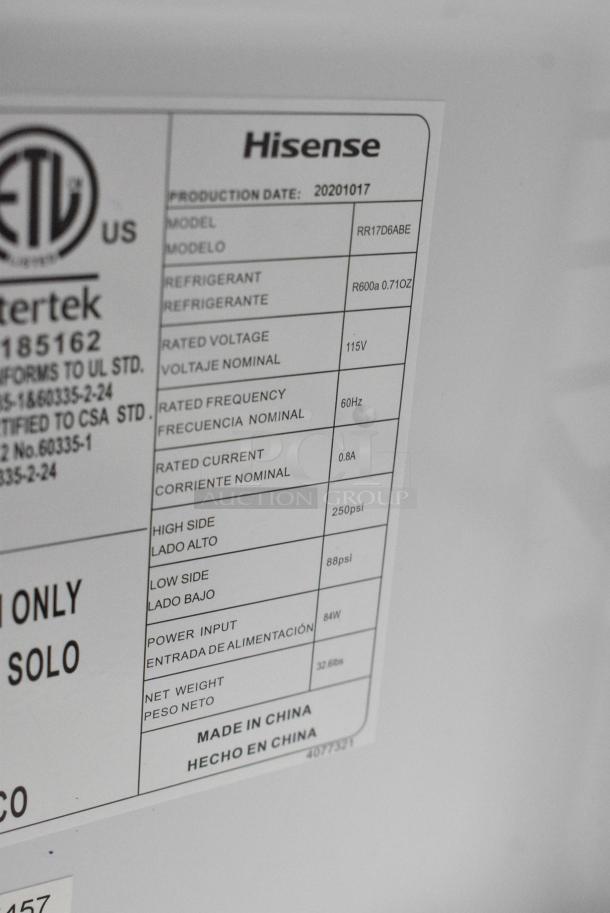 2020 Hisense RR17D6ABE Mini Cooler. 115 Volts, 1 Phase. Tested and Working! - Image 6 of 7