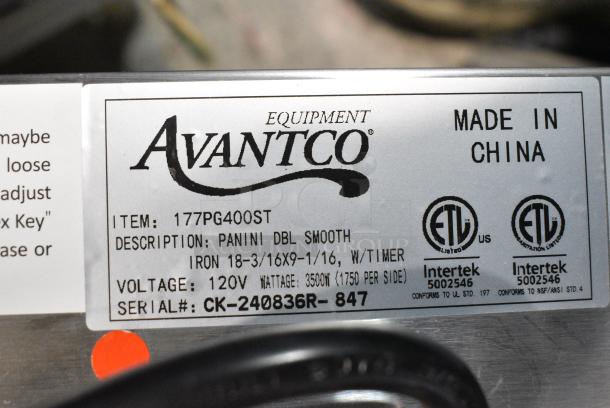 BRAND NEW SCRATCH AND DENT! 2024 Avantco 177PG400ST Commercial Dual Panini Sandwich Grill with Timer, Smooth Plates, and 19 5/8" x 9 1/8" Cooking Surface. 120 Volts, 1 Phase. Tested and Working! - Image 10 of 11