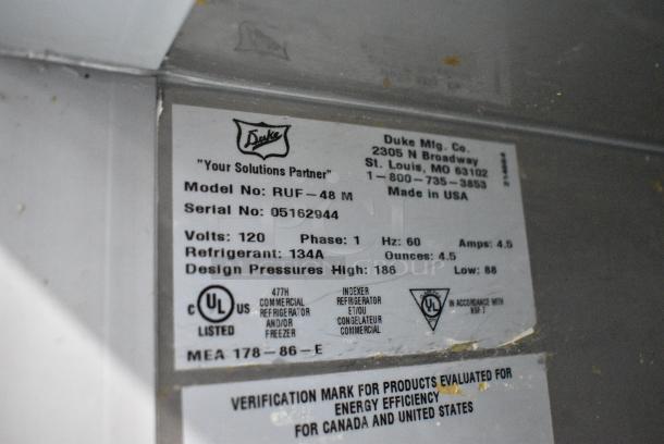 Duke RUF-48M Metal Commercial 2 Door Work Top Cooler on Commercial Casters. 120 Volts, 1 Phase. Tested and Powers On But Does Not Get Cold - Image 8 of 9