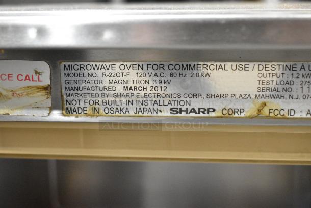 Sharp R-22GT-F Stainless Steel Commercial Countertop Microwave Oven. 120 Volts, 1 Phase. - Image 6 of 7