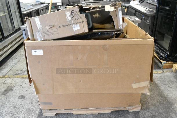 18 BRAND NEW SCRATCH AND DENT! Boxes Including Jubilee Utillity Cart, Choice Full Size Stainless Steel Solid Steam Table / Hotel Pan Cover,407BUNFULL Choice Full Size 18" x 26" 19 Gauge Wire in Rim Aluminum Bun Pan / Sheet Pan, 3 600IB1824LID Regency Stainless Steel Sliding Lid for 18" x 24" Underbar Ice Bin, 600FD48G Regency Deck-Mounted Faucet with 4" Centers and 8" Swivel Gooseneck Spout, 109RACKPARTS Regency Crossbar and Hardware Kit for 20 Pan End Load Bun / Sheet Pan Rack, 3 164TCOLROD25 Lancaster Table & Seating 25 3/16" Standard Height Table Base Column and Rod, 522CS12424 Steelton 29 1/2" 18-Gauge Stainless Steel One Compartment Commercial Sink without Drainboard - 24" x 24" x 12" Bowl. 18 Times Your Bid! May Be Missing Pieces - Image 1 of 14