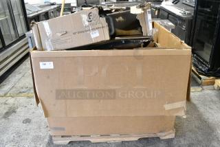 18 BRAND NEW SCRATCH AND DENT! Boxes Including Jubilee Utillity Cart, Choice Full Size Stainless Steel Solid Steam Table / Hotel Pan Cover,407BUNFULL Choice Full Size 18" x 26" 19 Gauge Wire in Rim Aluminum Bun Pan / Sheet Pan, 3 600IB1824LID Regency Stainless Steel Sliding Lid for 18" x 24" Underbar Ice Bin, 600FD48G Regency Deck-Mounted Faucet with 4" Centers and 8" Swivel Gooseneck Spout, 109RACKPARTS Regency Crossbar and Hardware Kit for 20 Pan End Load Bun / Sheet Pan Rack, 3 164TCOLROD25 Lancaster Table & Seating 25 3/16" Standard Height Table Base Column and Rod, 522CS12424 Steelton 29 1/2" 18-Gauge Stainless Steel One Compartment Commercial Sink without Drainboard - 24" x 24" x 12" Bowl. 18 Times Your Bid! May Be Missing Pieces