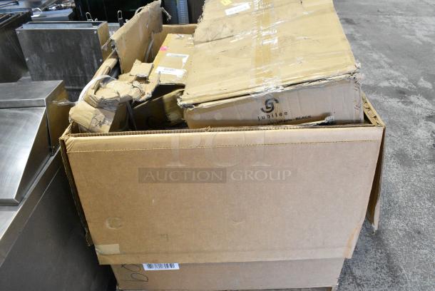 18 BRAND NEW SCRATCH AND DENT! Boxes Including Jubilee Utillity Cart, Choice Full Size Stainless Steel Solid Steam Table / Hotel Pan Cover,407BUNFULL Choice Full Size 18" x 26" 19 Gauge Wire in Rim Aluminum Bun Pan / Sheet Pan, 3 600IB1824LID Regency Stainless Steel Sliding Lid for 18" x 24" Underbar Ice Bin, 600FD48G Regency Deck-Mounted Faucet with 4" Centers and 8" Swivel Gooseneck Spout, 109RACKPARTS Regency Crossbar and Hardware Kit for 20 Pan End Load Bun / Sheet Pan Rack, 3 164TCOLROD25 Lancaster Table & Seating 25 3/16" Standard Height Table Base Column and Rod, 522CS12424 Steelton 29 1/2" 18-Gauge Stainless Steel One Compartment Commercial Sink without Drainboard - 24" x 24" x 12" Bowl. 18 Times Your Bid! May Be Missing Pieces - Image 2 of 14