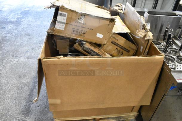 18 BRAND NEW SCRATCH AND DENT! Boxes Including Jubilee Utillity Cart, Choice Full Size Stainless Steel Solid Steam Table / Hotel Pan Cover,407BUNFULL Choice Full Size 18" x 26" 19 Gauge Wire in Rim Aluminum Bun Pan / Sheet Pan, 3 600IB1824LID Regency Stainless Steel Sliding Lid for 18" x 24" Underbar Ice Bin, 600FD48G Regency Deck-Mounted Faucet with 4" Centers and 8" Swivel Gooseneck Spout, 109RACKPARTS Regency Crossbar and Hardware Kit for 20 Pan End Load Bun / Sheet Pan Rack, 3 164TCOLROD25 Lancaster Table & Seating 25 3/16" Standard Height Table Base Column and Rod, 522CS12424 Steelton 29 1/2" 18-Gauge Stainless Steel One Compartment Commercial Sink without Drainboard - 24" x 24" x 12" Bowl. 18 Times Your Bid! May Be Missing Pieces - Image 3 of 14