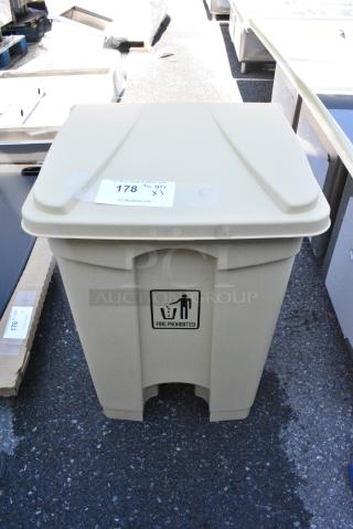 3 BRAND NEW SCRATCH AND DENT! Tan Poly Trash Cans. 3 Times Your Bid!