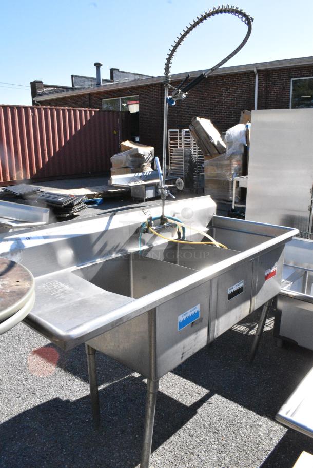 Duke Stainless Steel 3 Bay Sink w/ Left Side Drain Boards, Faucet, Handles and Spray Nozzle Attachment - Image 1 of 7