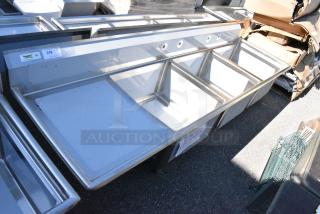 BRAND NEW SCRATCH AND DENT! Regency 600S3242424L Stainless Steel 3 Bay Sink w/ Left Side Drain Board. No Legs.